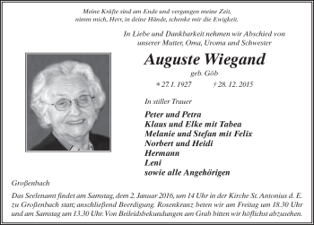 Traueranzeige von Auguste Wiegand 