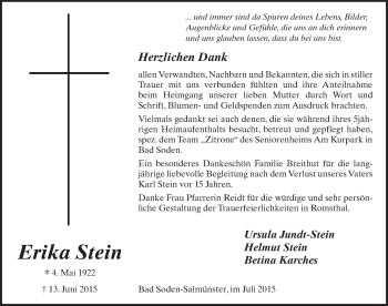 Traueranzeige von Erika Stein 