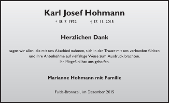 Traueranzeige von Karl Josef Hohmann 