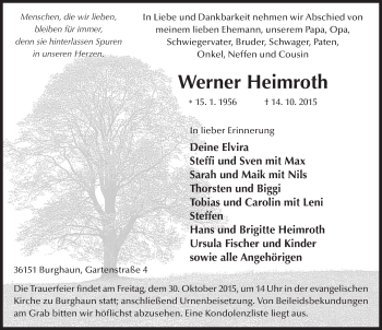 Traueranzeige von Werner Heimroth 
