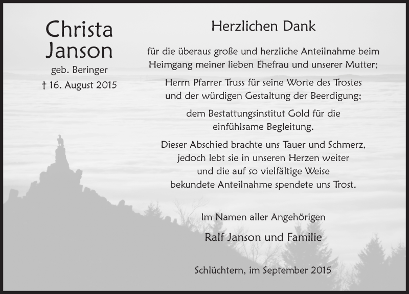  Traueranzeige für Christa Janson vom 12.09.2015 aus 