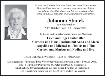 Traueranzeige von Johanna Stanek 
