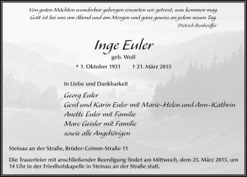 Traueranzeige von Inge Euler 