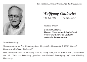 Traueranzeige von Wolfgang Gutberlet 