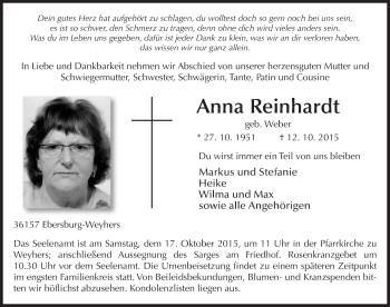 Traueranzeige von Anna Reinhardt 