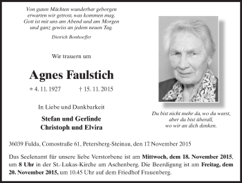 Traueranzeige von Agnes Faulstich 