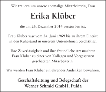 Traueranzeige von Erika Klüber 