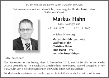 Traueranzeige von Markus Hahn 