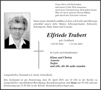 Traueranzeige von Elfriede Trabert 