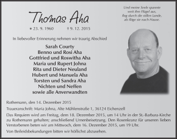 Traueranzeige von Thomas Aha 
