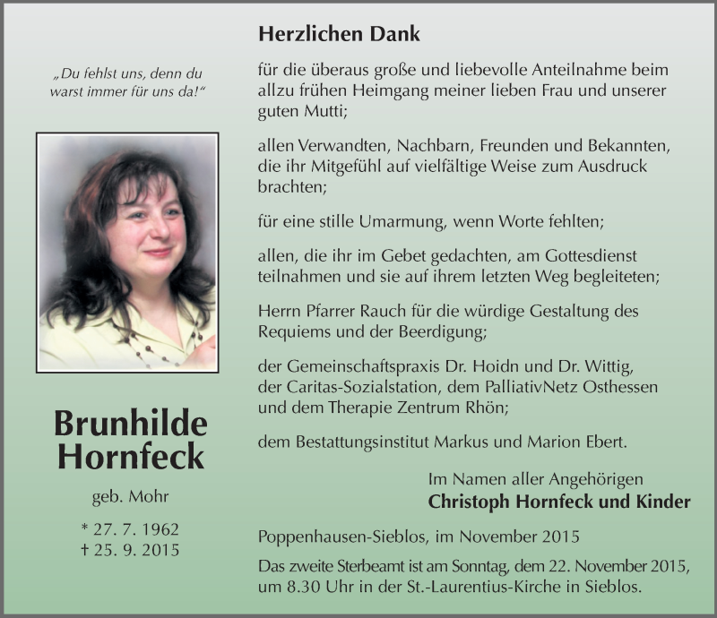  Traueranzeige für Brunhilde Hornfeck vom 12.11.2015 aus 