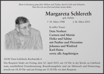 Traueranzeige von Margareta Schlereth 