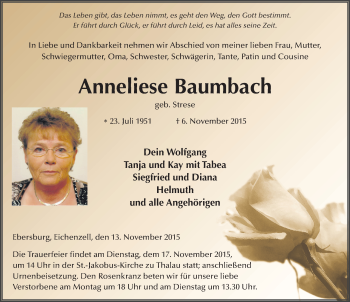 Traueranzeige von Anneliese Baumbach 