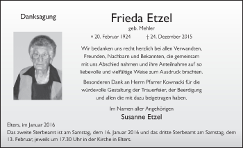 Traueranzeige von Frieda Etzel 