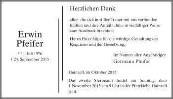 Traueranzeige von Erwin Pfeifer 