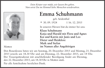 Traueranzeige von Emma Schuhmann 