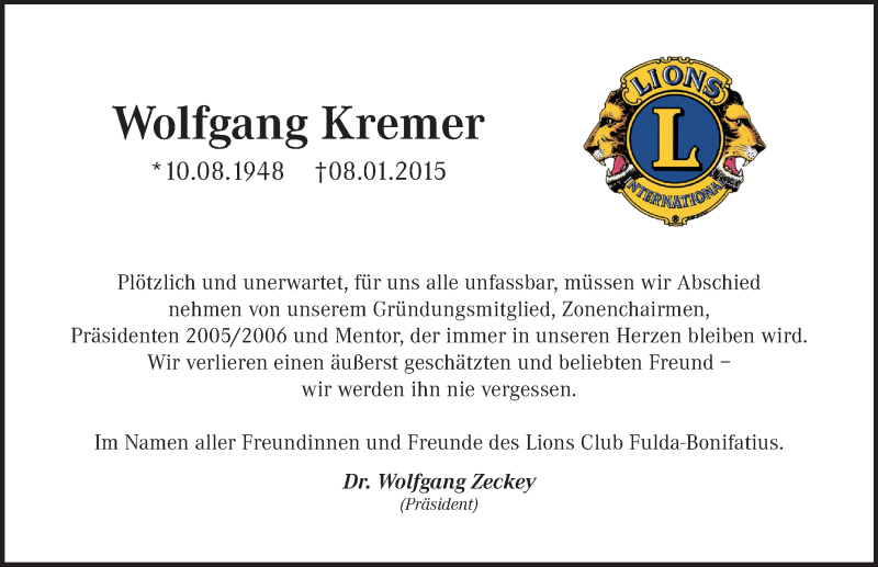 Traueranzeige für Wolfgang Kremer vom 14.01.2015 aus 