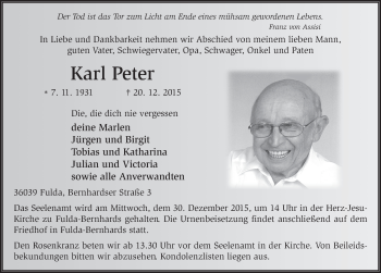 Traueranzeige von Karl Peter 