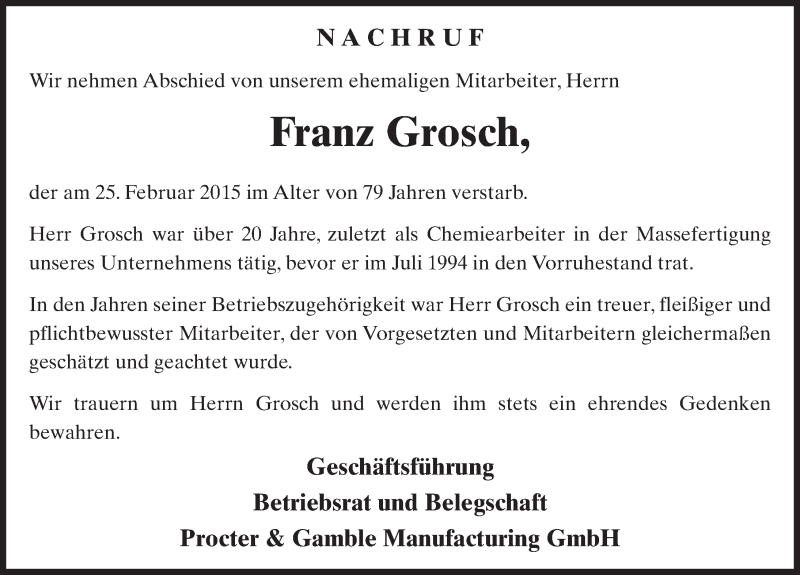  Traueranzeige für Franz Grosch vom 27.02.2015 aus 