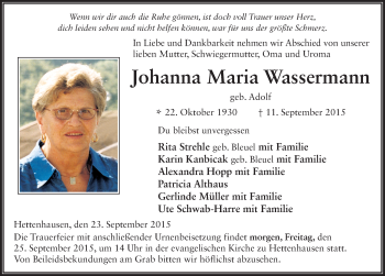 Traueranzeige von Johanna Maria Wassermann 
