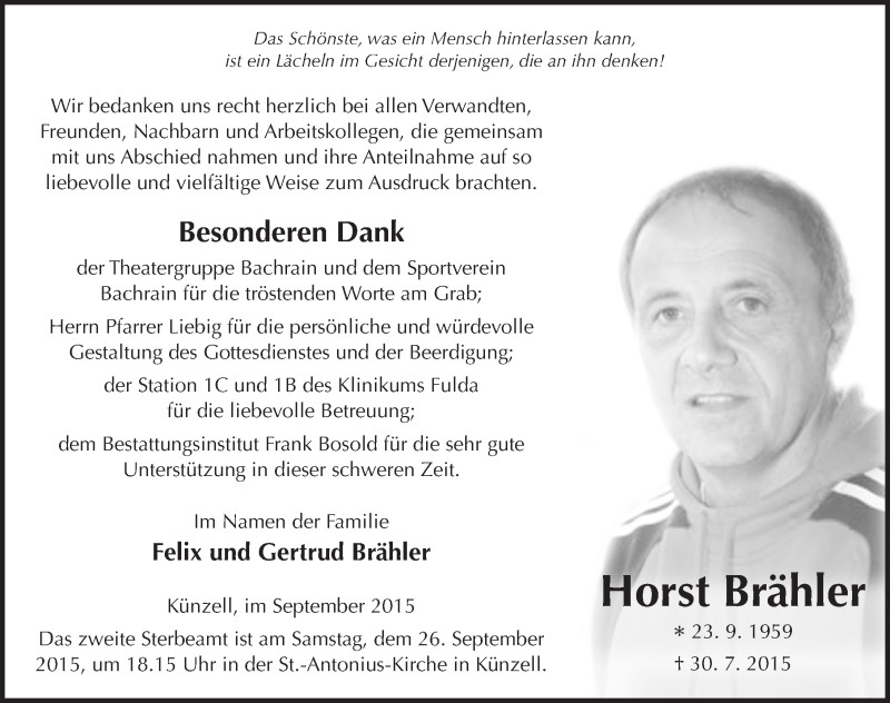  Traueranzeige für Horst Brähler vom 23.09.2015 aus 
