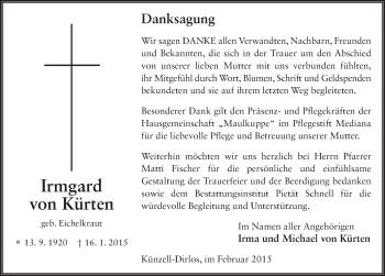 Traueranzeige von Irmgard  von Kürten 