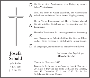 Traueranzeige von Josefa Sebald 