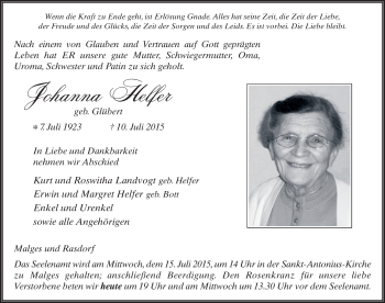Traueranzeige von Johanna Helfer 