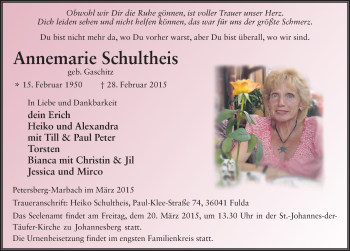 Traueranzeige von Annemarie Schultheis 