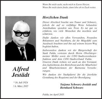 Traueranzeige von Alfred Jestädt 