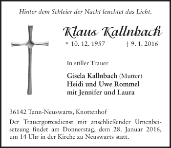 Traueranzeige von Klaus Kallnbach 