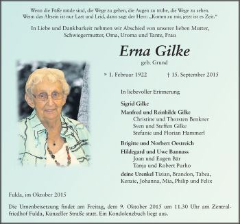 Traueranzeige von Erna Gilke 