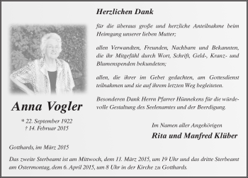 Traueranzeige von Anna Vogler 