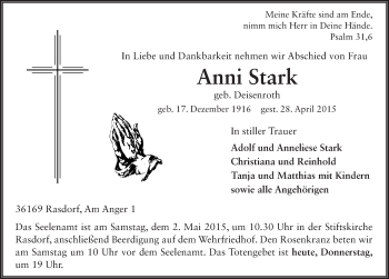 Traueranzeige von Anni Stark 