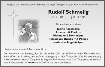Traueranzeige von Rudolf Schmelig 