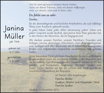 Traueranzeige von Janina Müller 