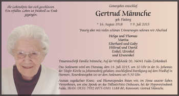 Traueranzeige von Gertrud Männche 