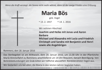 Traueranzeige von Maria Bös 