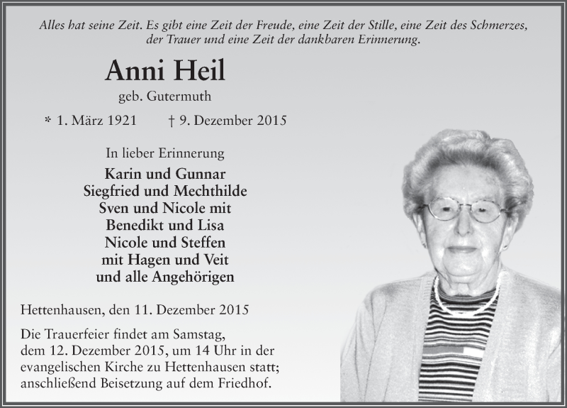  Traueranzeige für Anni Heil vom 11.12.2015 aus 