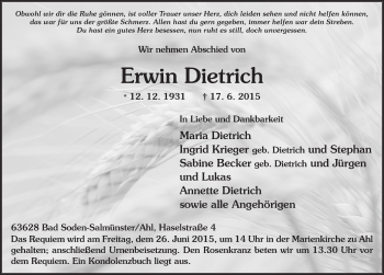 Traueranzeige von Erwin Dietrich 