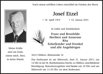 Traueranzeige von Josef Etzel 