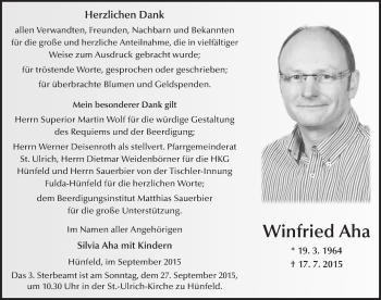 Traueranzeige von Winfried Aha 