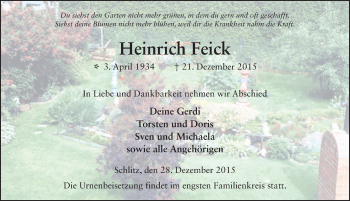 Traueranzeige von Heinrich Feick 