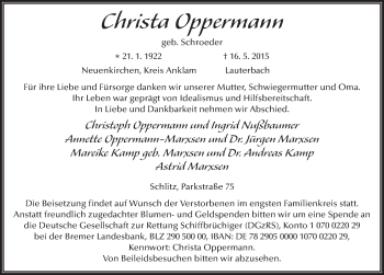 Traueranzeige von Christa Oppermann 