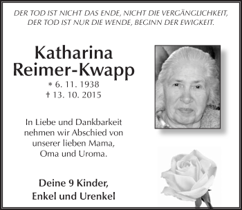 Traueranzeige von Katharina Reimer-Kwapp 
