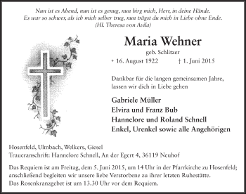 Traueranzeige von Maria Wehner 