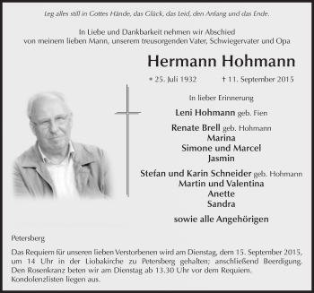 Traueranzeige von Hermann Hohmann 