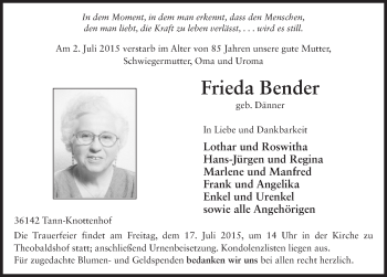 Traueranzeige von Frieda Bender 