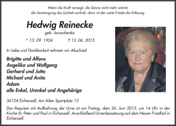 Traueranzeige von Hedwig Reinecke 