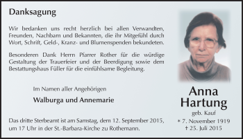 Traueranzeige von Anna Hartung 